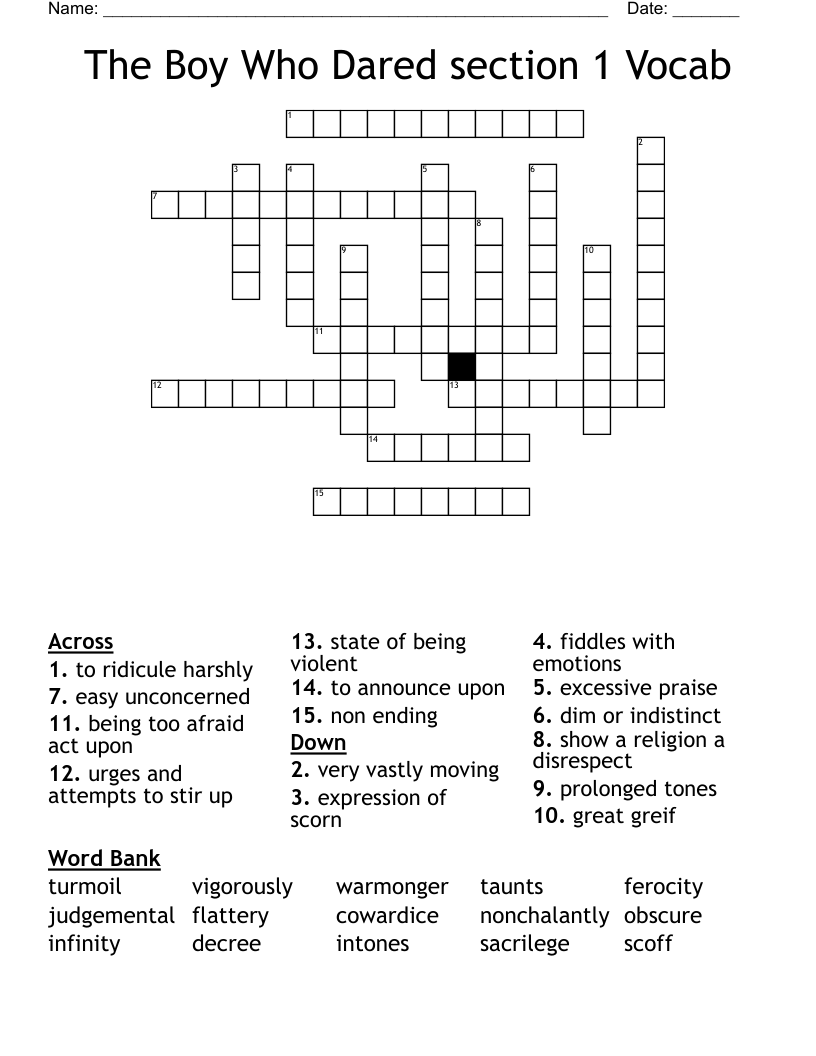 The Boy Who Dared section 1 Vocab Crossword