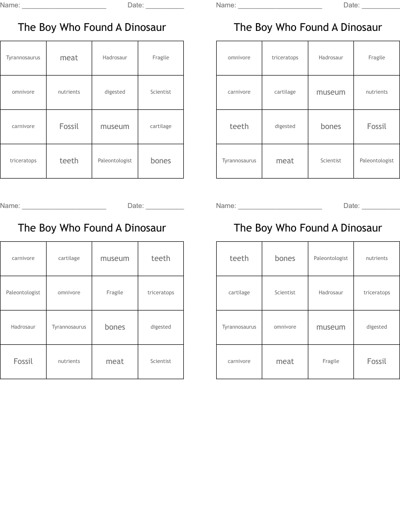 The Boy Who Found A Dinosaur Bingo Cards