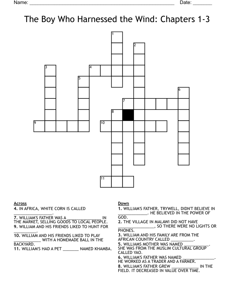 The Boy Who Harnessed the Wind: Chapters 1-3 Crossword