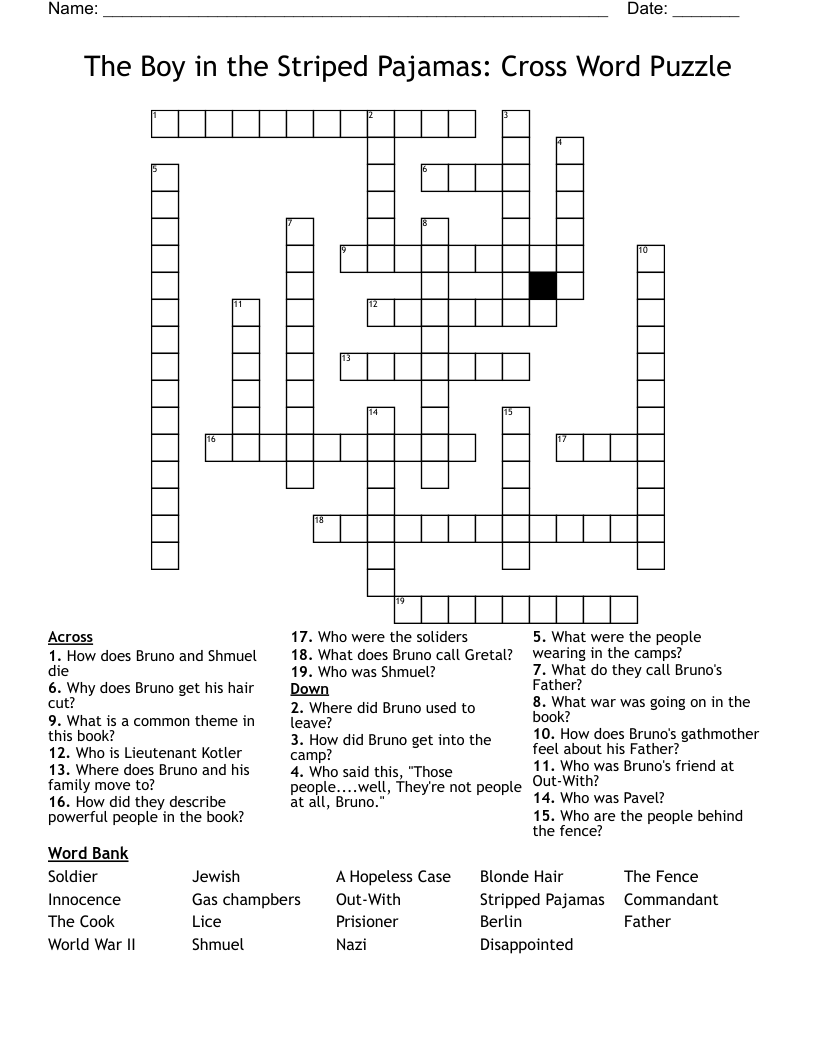 The Boy in the Striped Pajamas: Cross Word Puzzle