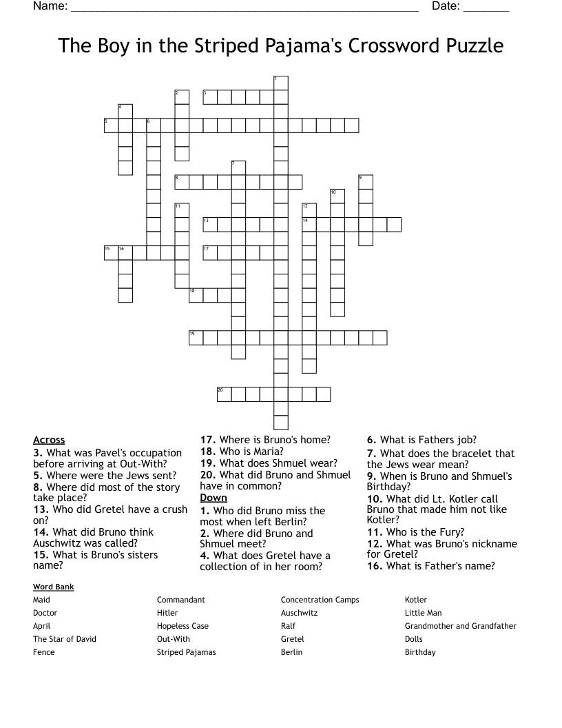 The Boy in the Striped Pajama's Crossword Puzzle