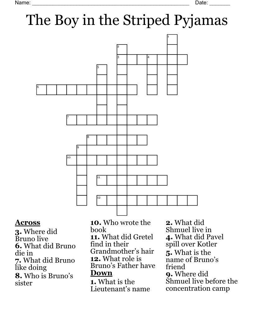 The Boy in the Striped Pyjamas Crossword