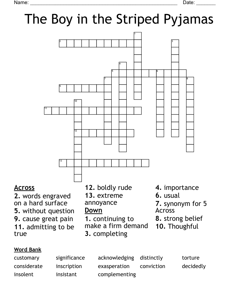 The Boy in the Striped Pyjamas Crossword