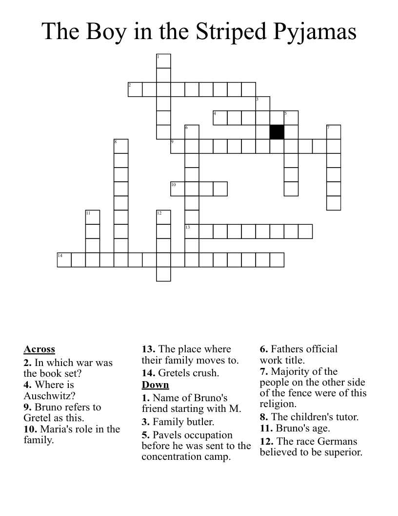 The Boy in the Striped Pyjamas Crossword