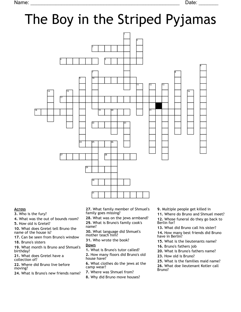 The Boy in the Striped Pyjamas Crossword