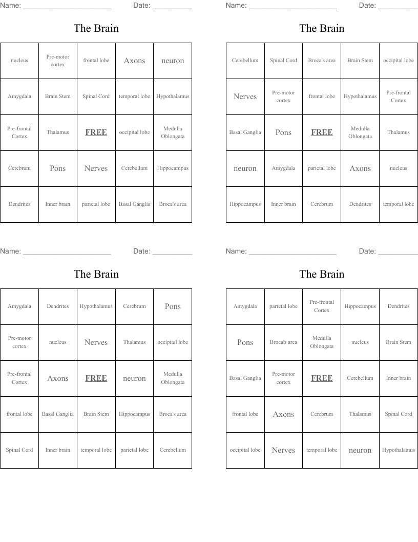 The Brain Bingo Cards
