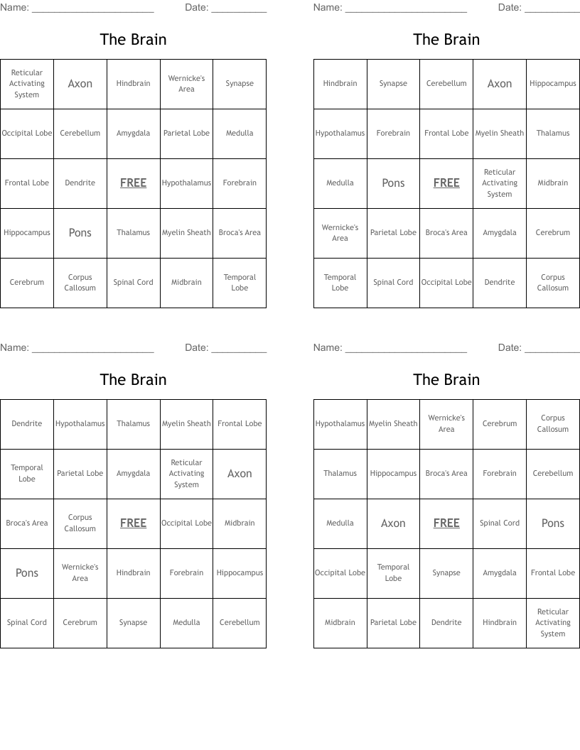 The Brain Bingo Cards