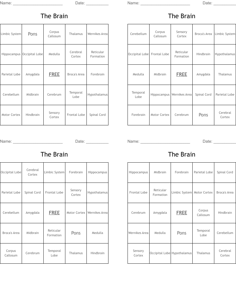 The Brain Bingo Cards