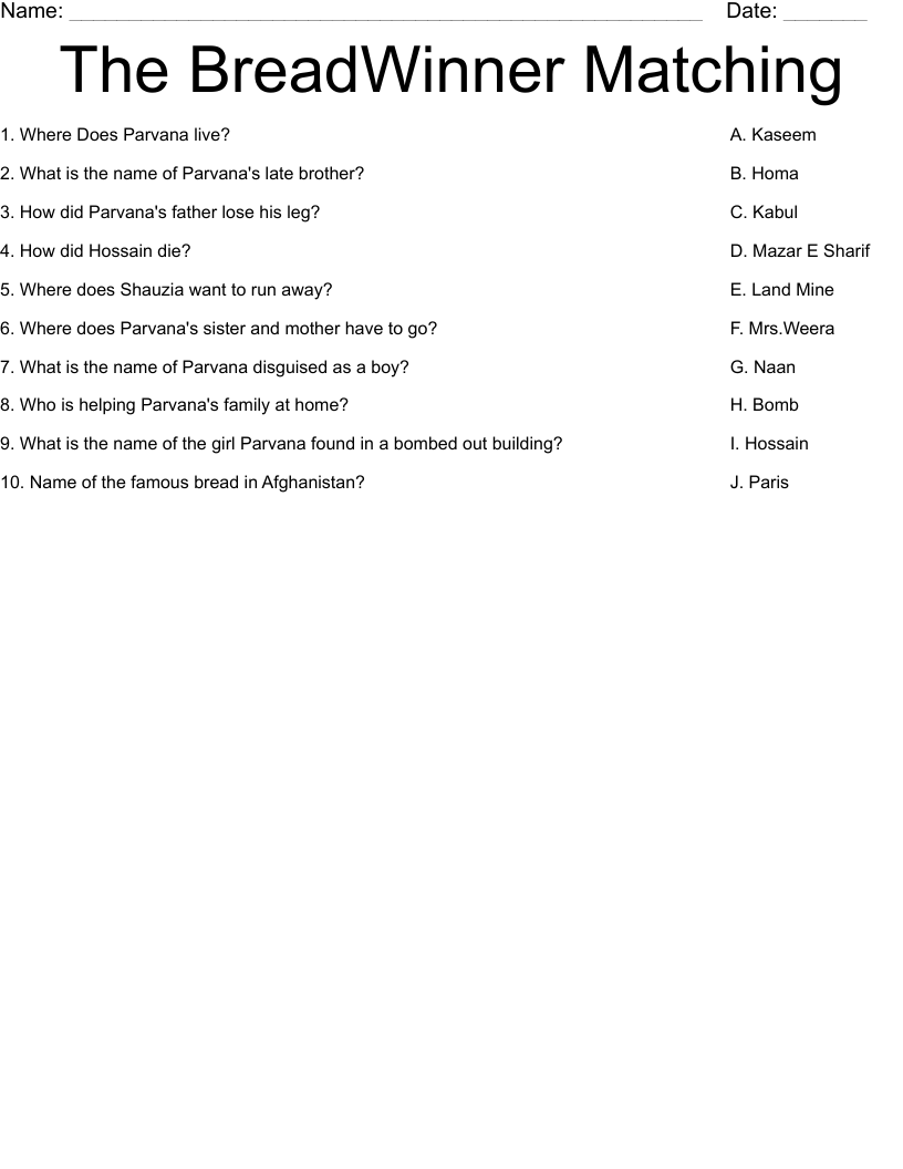 The BreadWinner Matching Worksheet