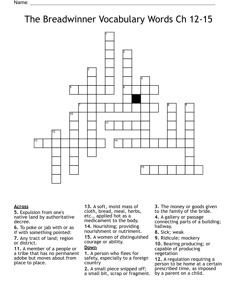 The Breadwinner Vocabulary Words Ch 12-15 Crossword