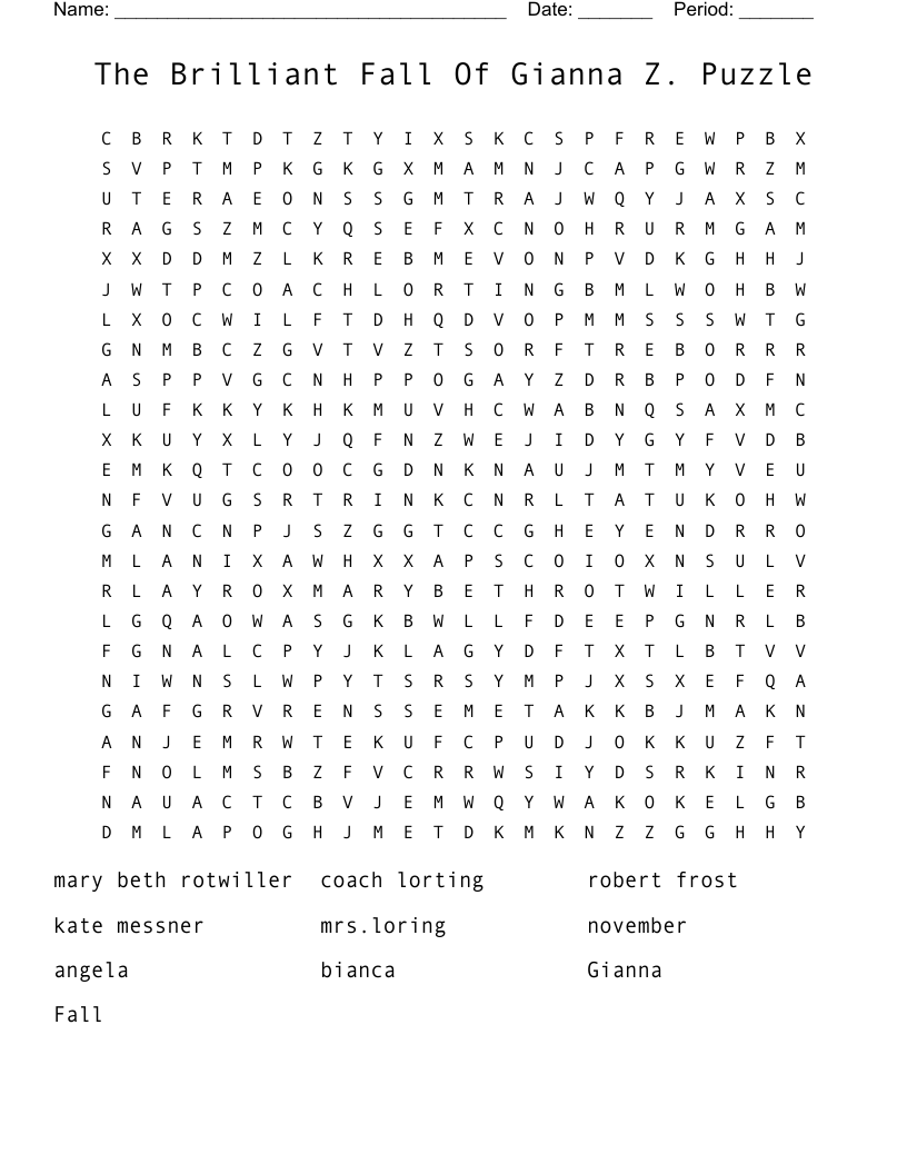 The Brilliant Fall Of Gianna Z. Puzzle Word Search
