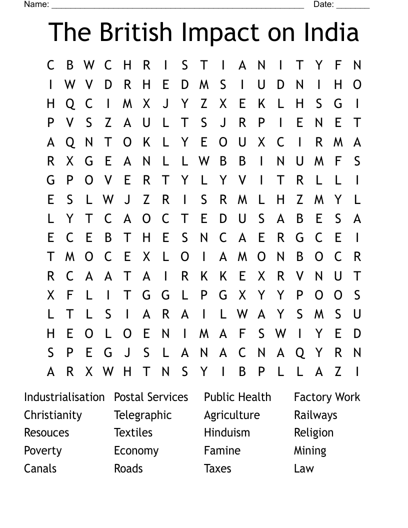 The British Impact on India Word Search