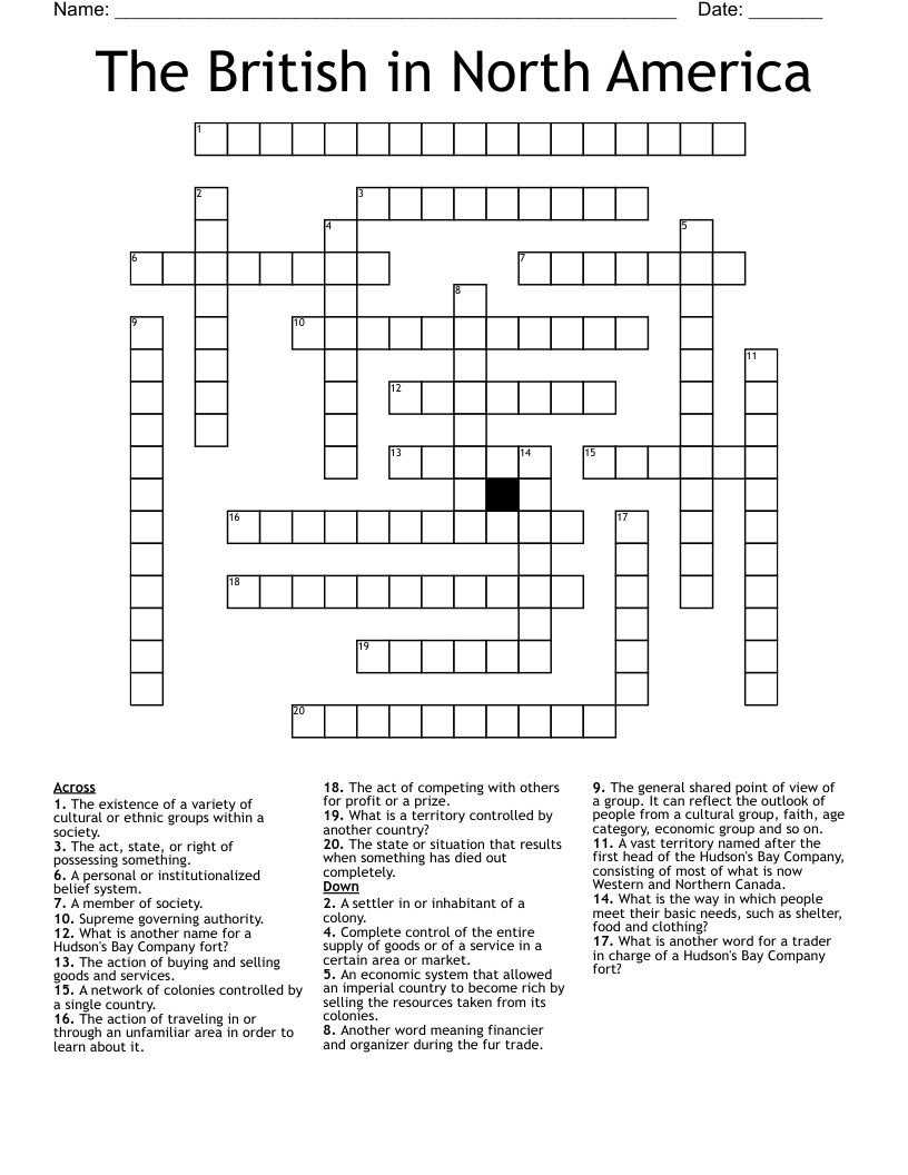 The British in North America Crossword