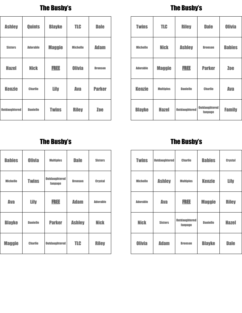 The Busby’s  Bingo Cards