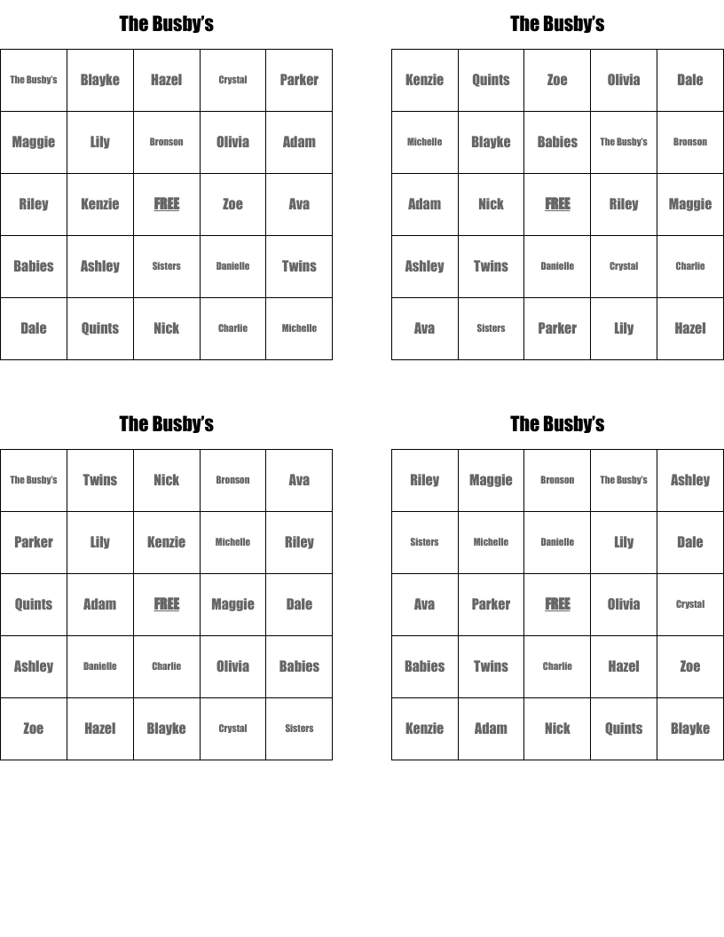 The Busby’s  Bingo Cards
