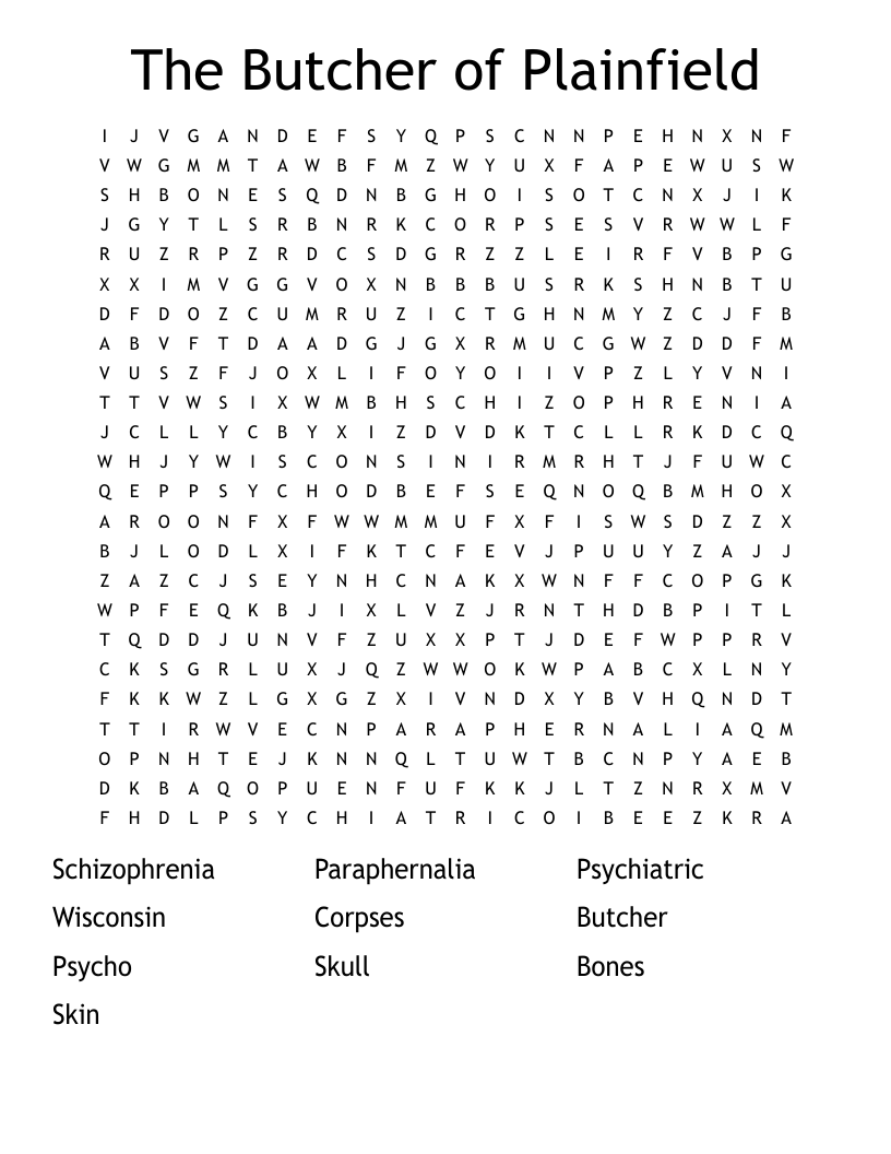 The Butcher of Plainfield Word Search