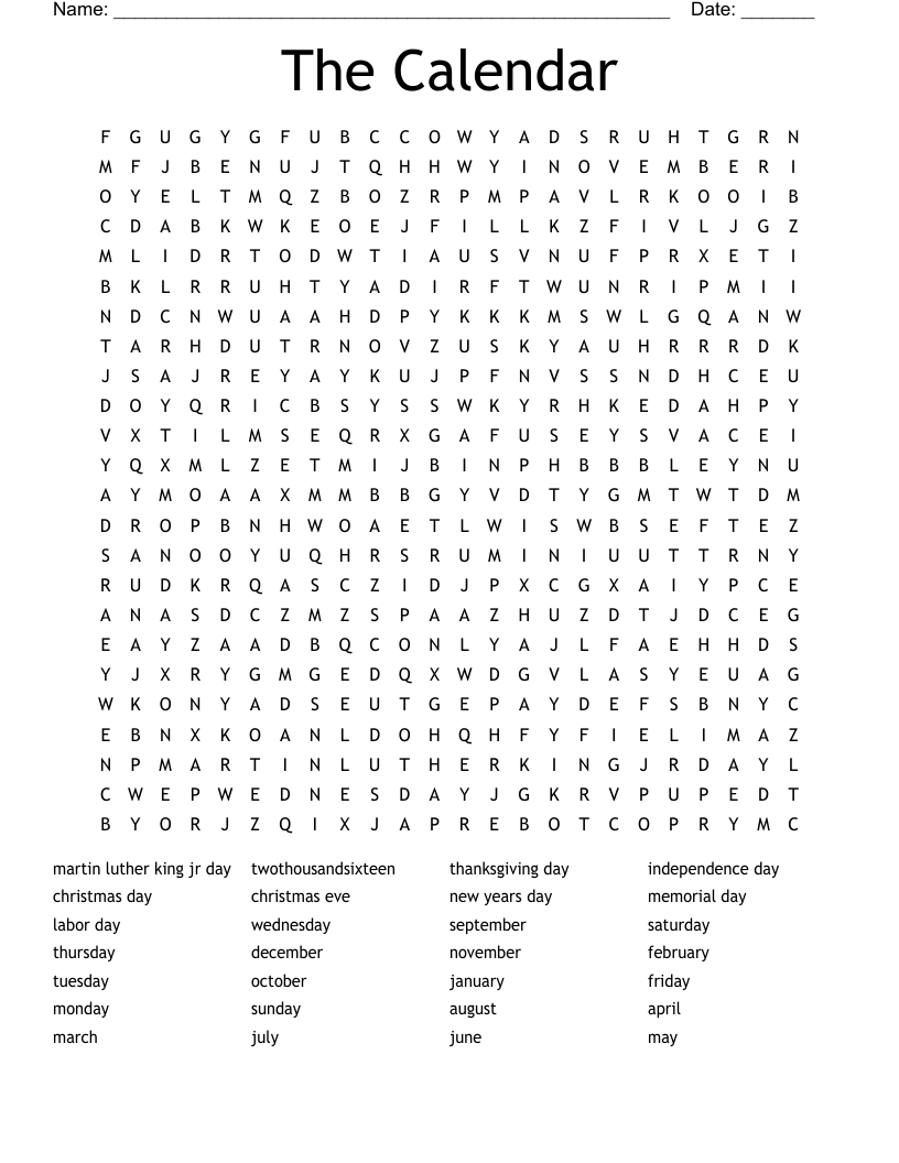 The Calendar Word Search
