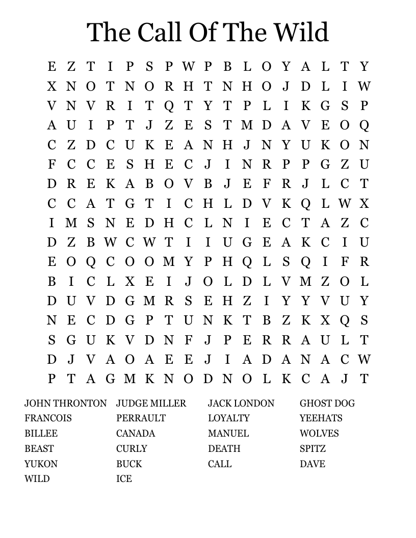 The Call Of The Wild Word Search