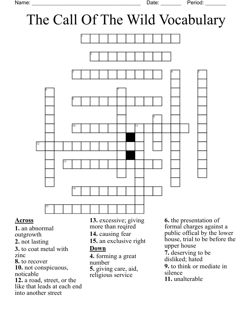 The Call Of The Wild Vocabulary Crossword