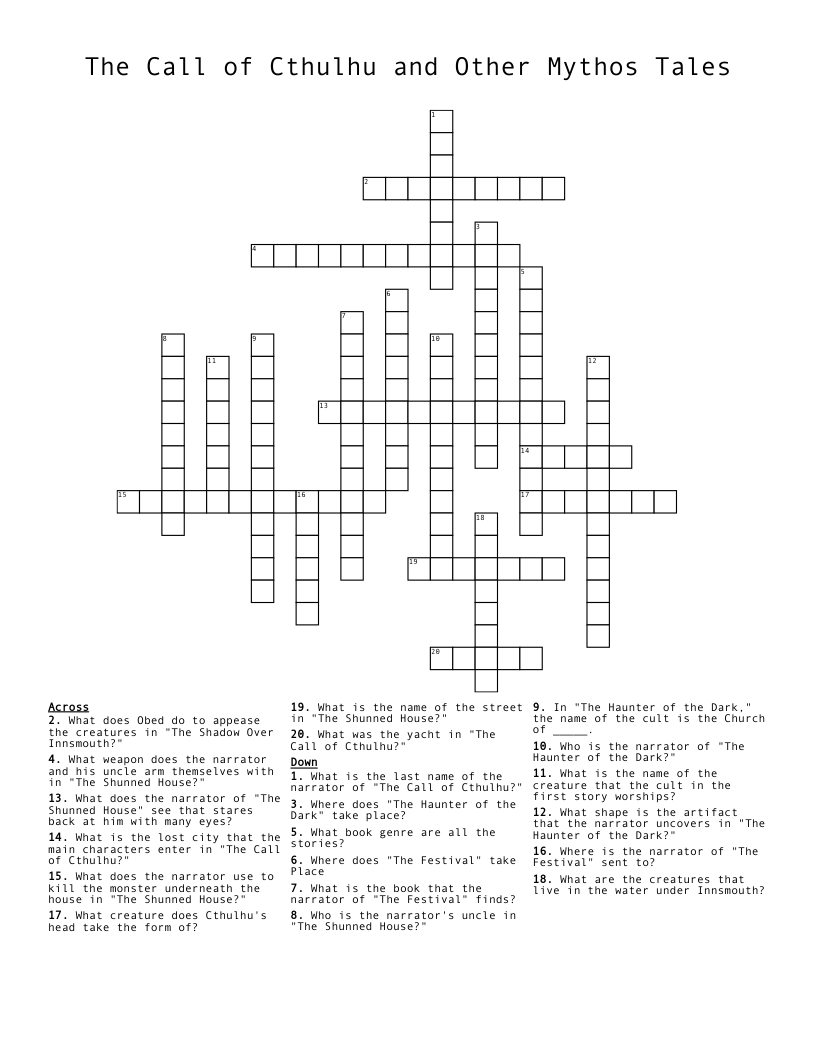 The Call of Cthulhu and Other Mythos Tales Crossword