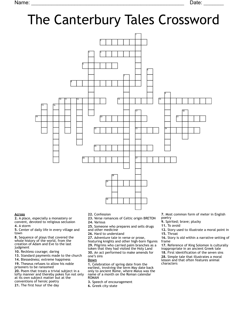 The Canterbury Tales Crossword 