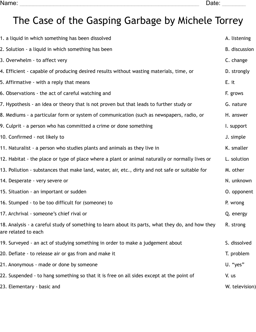 The Case of the Gasping Garbage by Michele Torrey Worksheet