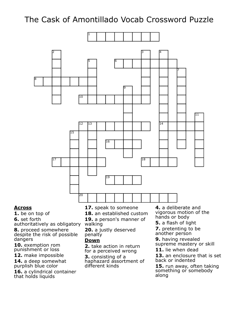 The Cask of Amontillado Vocab Crossword Puzzle