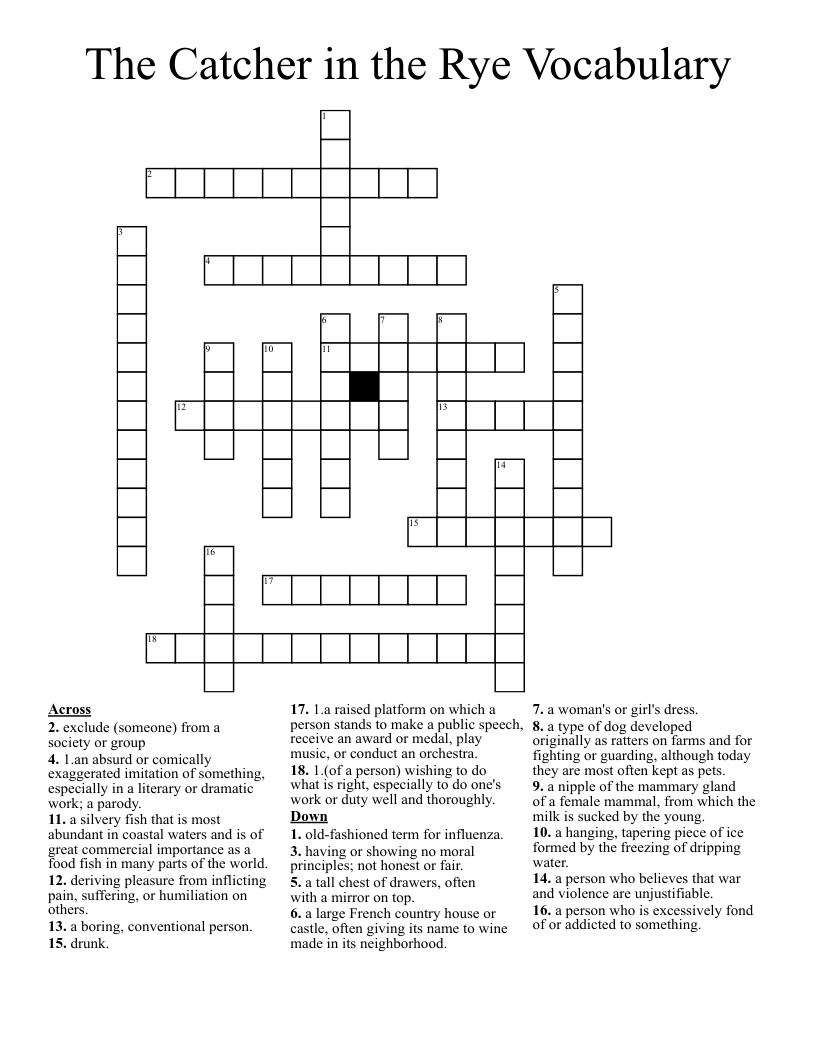 The Catcher in the Rye Vocabulary Crossword