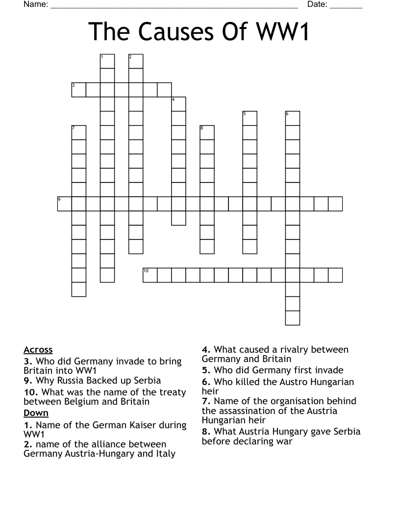 The Causes Of WW1 Crossword