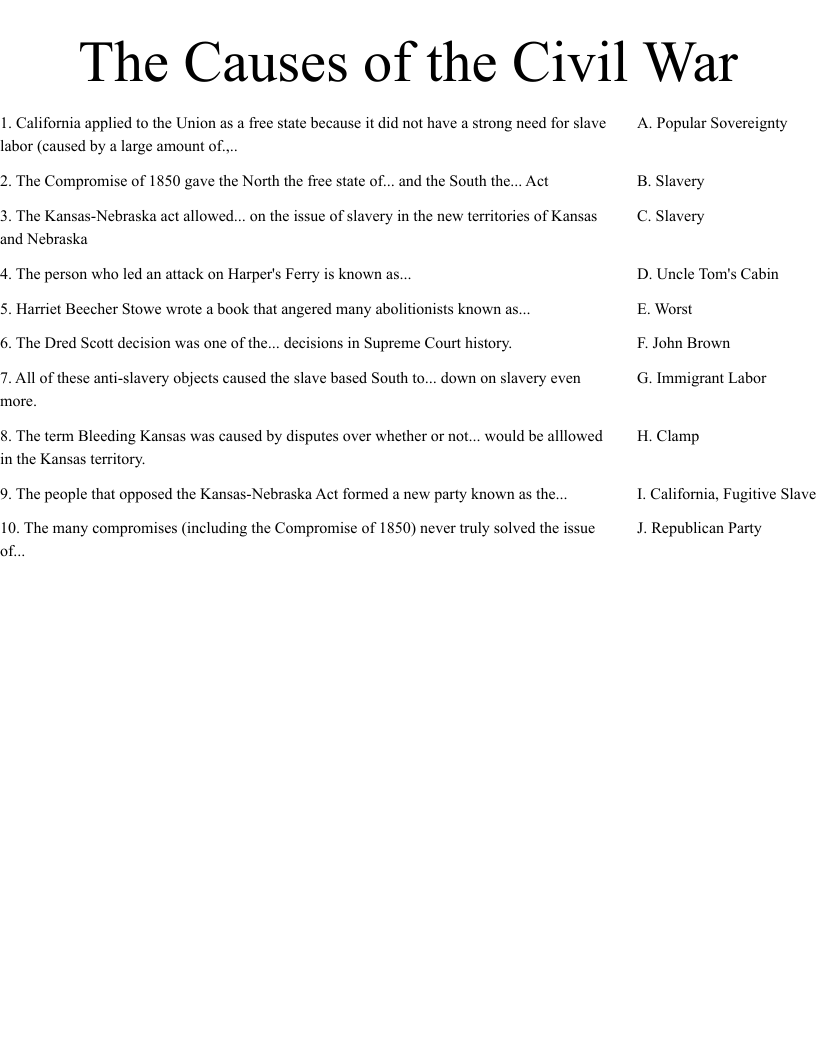 The Causes of the Civil War Worksheet