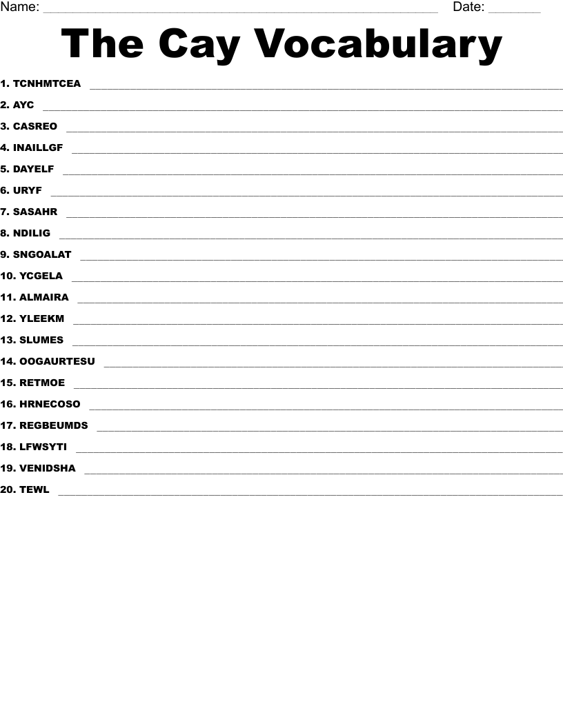 The Cay Vocabulary  Word Scramble