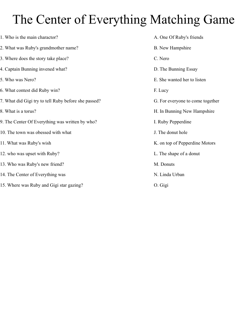 The Center of Everything Matching Game Worksheet