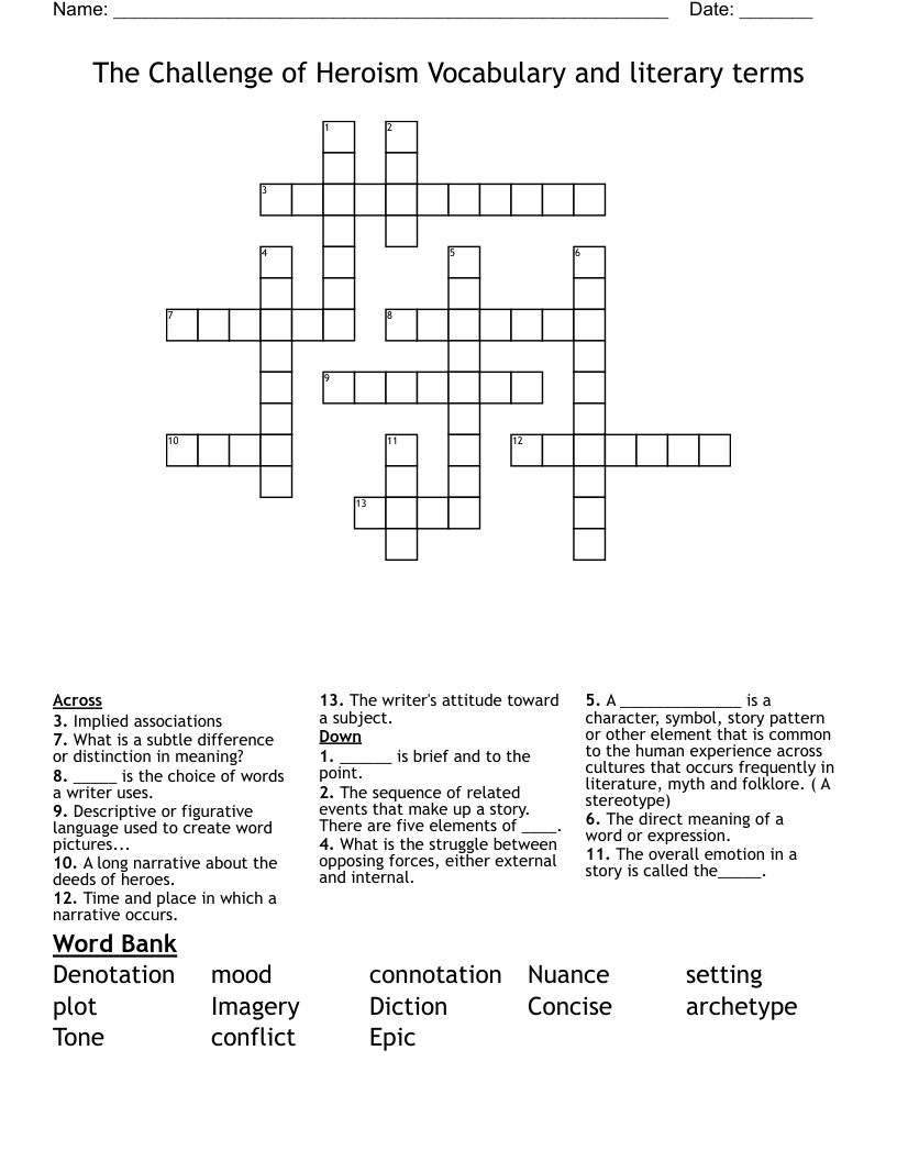 The Challenge of Heroism Vocabulary and literary terms Crossword