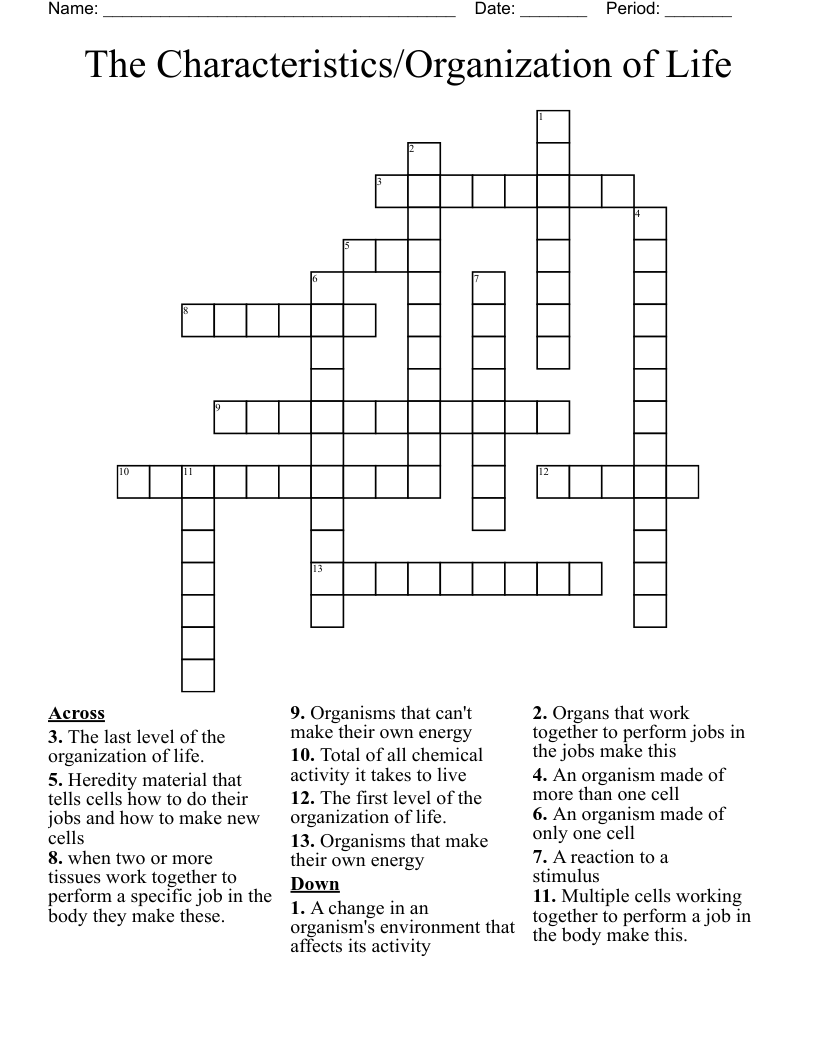 The Characteristics/Organization of Life Crossword