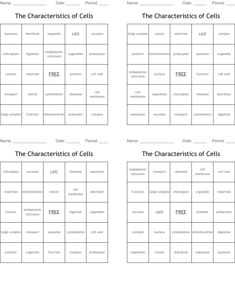 The Characteristics of Cells Bingo Cards
