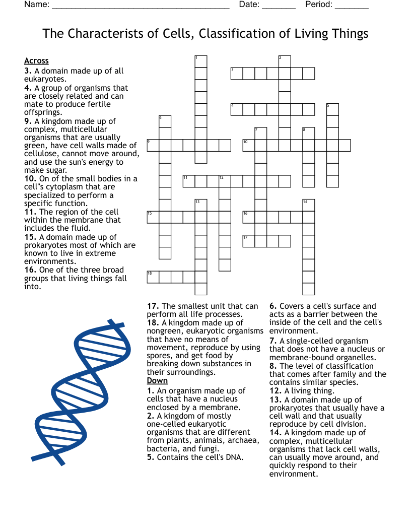 The Characterists of Cells, Classification of Living Things Crossword