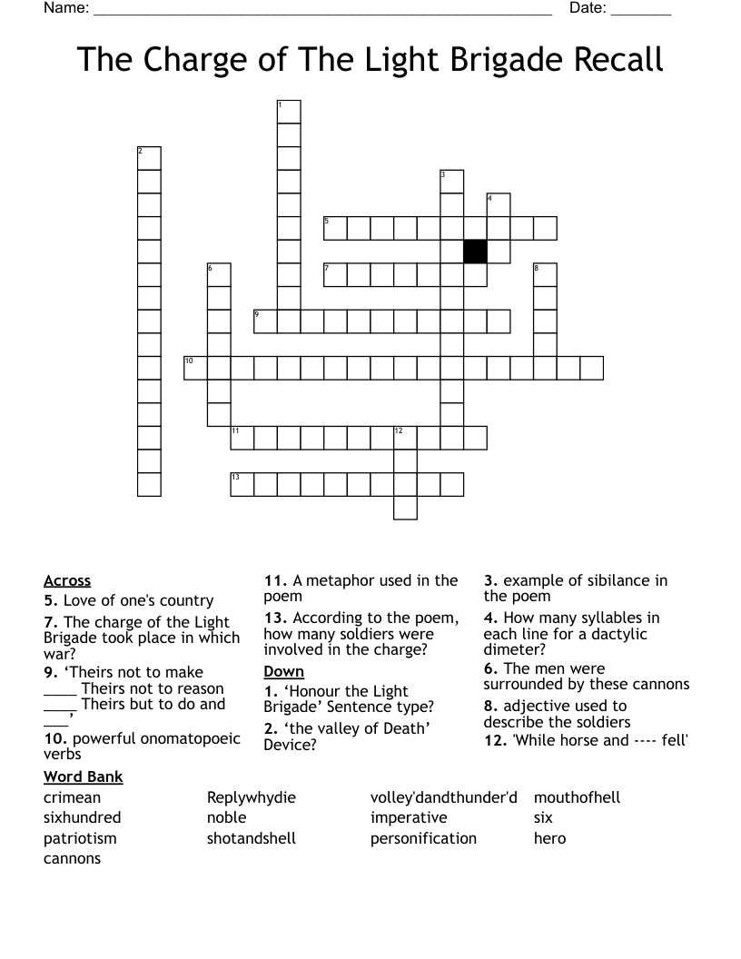 The Charge of The Light Brigade Recall Crossword