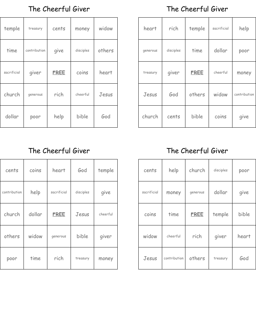 The Cheerful Giver Bingo Cards