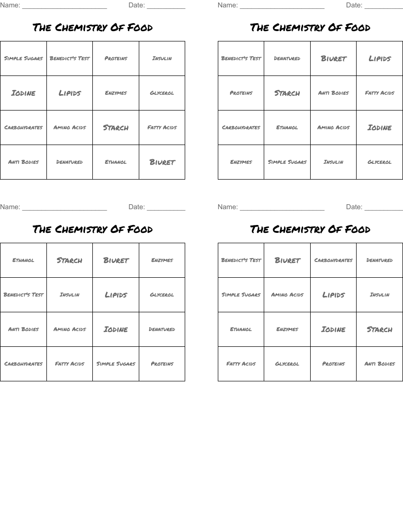 The Chemistry Of Food Bingo Cards
