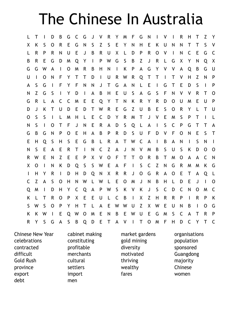 The Chinese In Australia Word Search