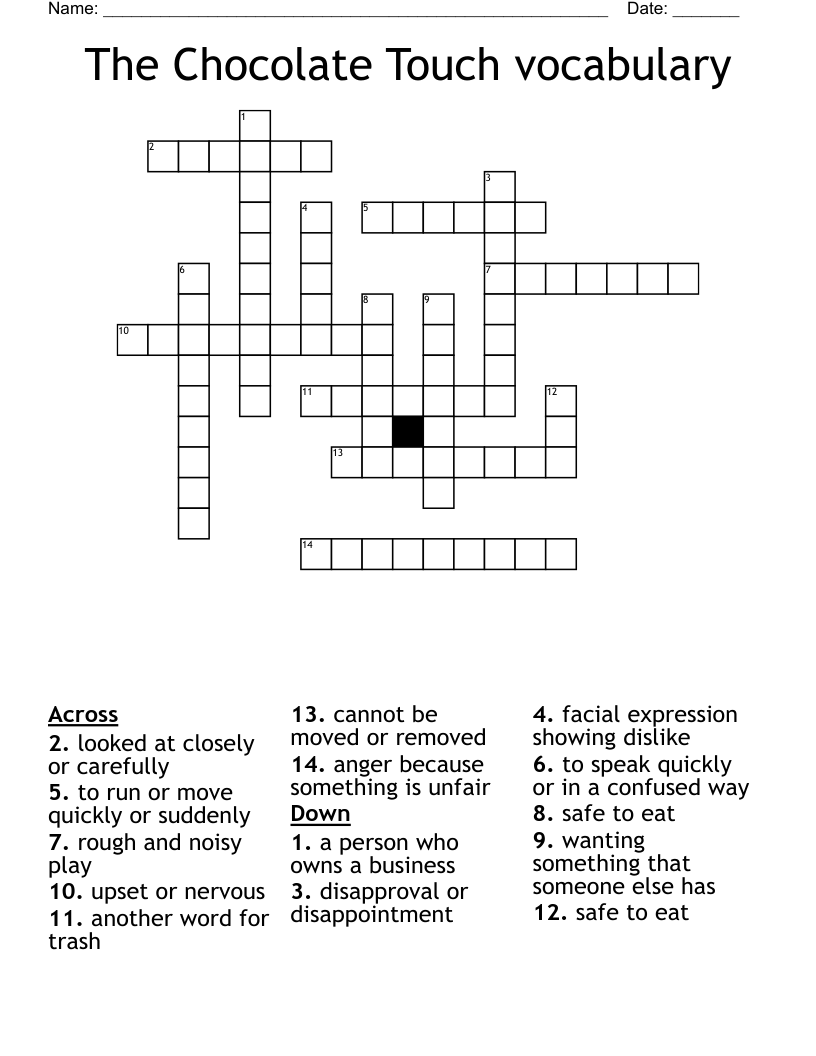 The Chocolate Touch vocabulary Crossword