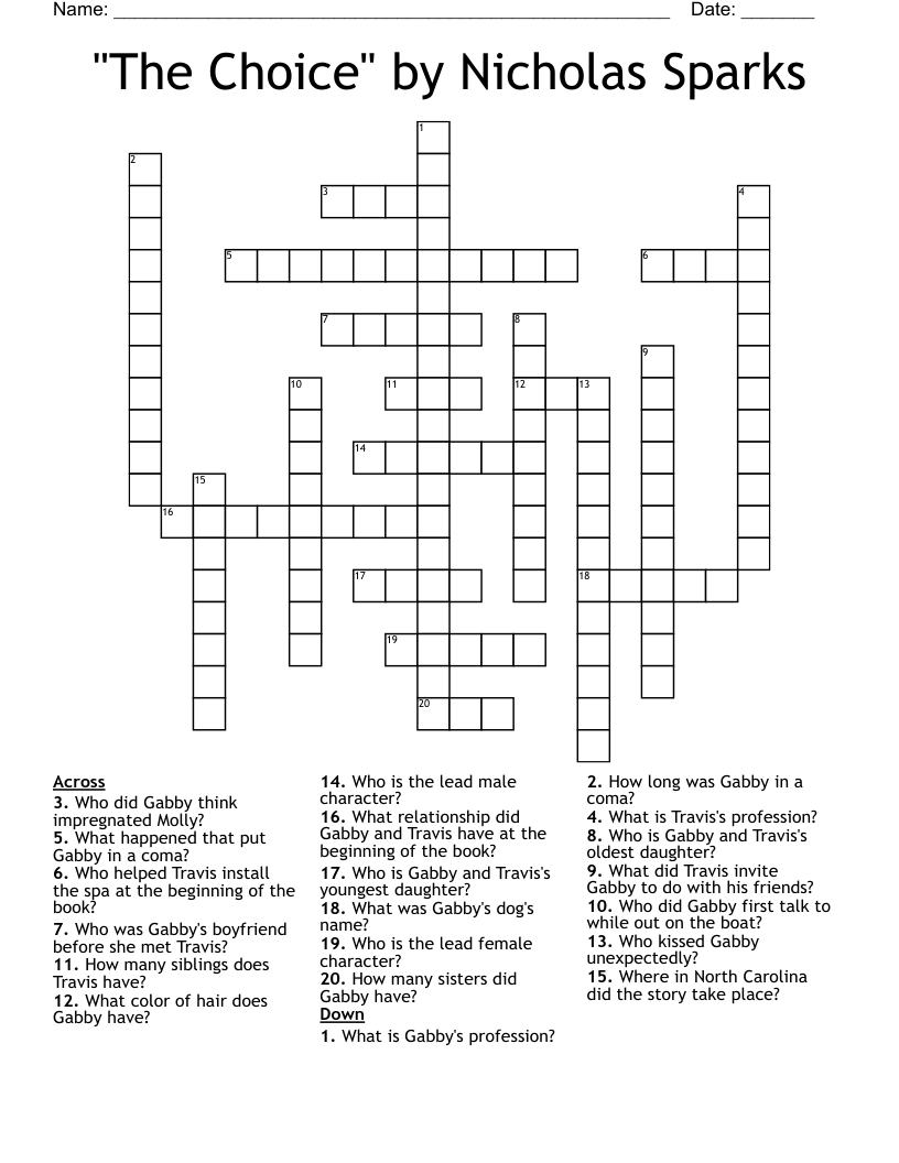 "The Choice" by Nicholas Sparks Crossword