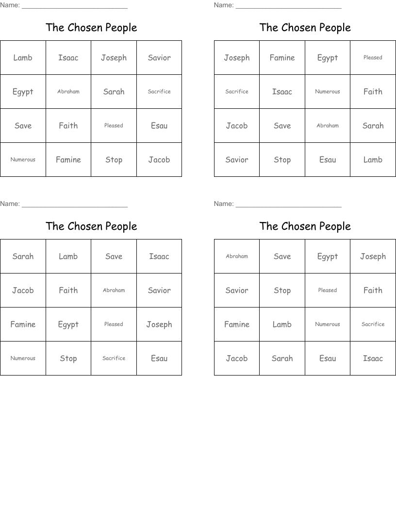 The Chosen People Bingo Cards