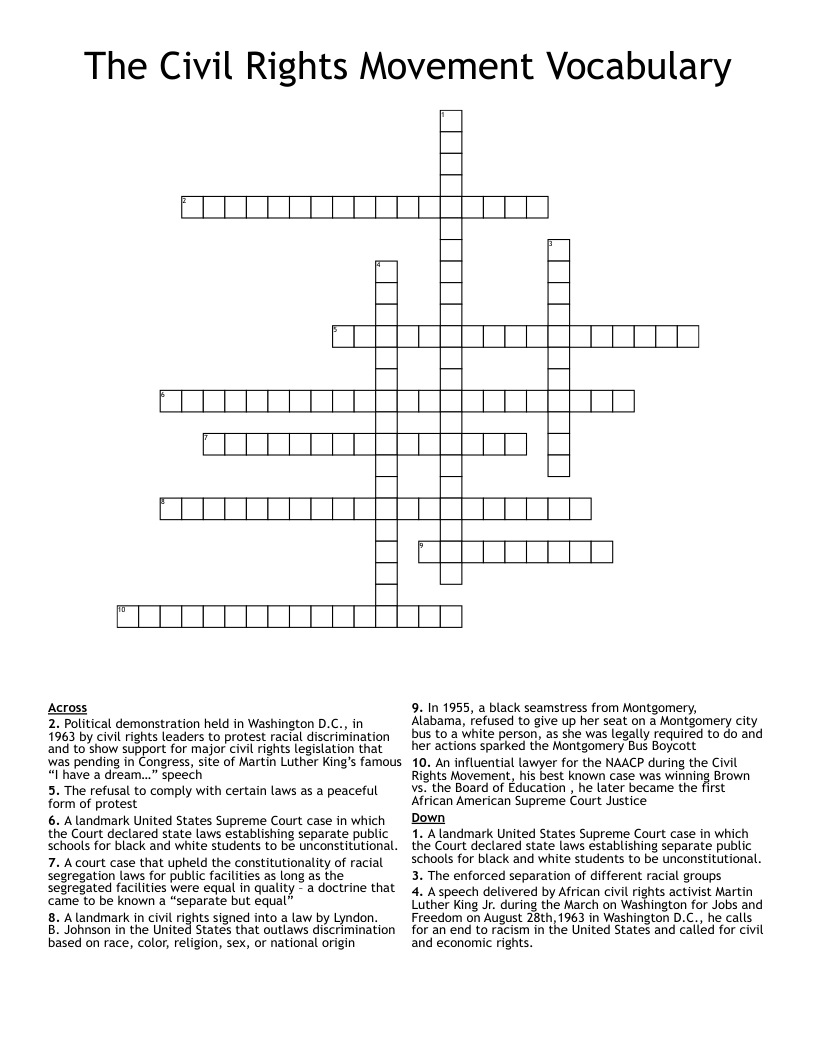 The Civil Rights Movement Vocabulary Crossword