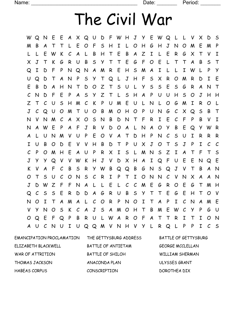 The Civil War Word Search