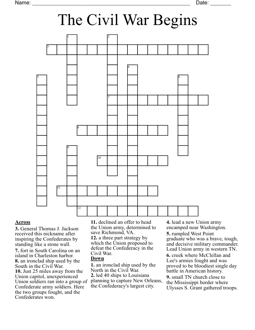 The Civil War Begins  Crossword