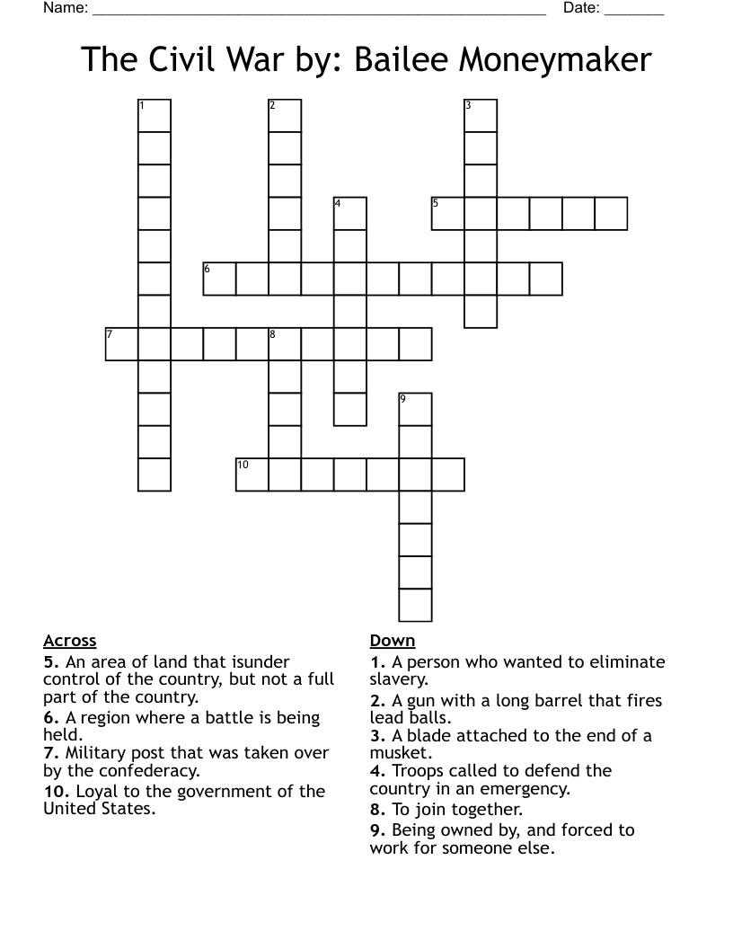 The Civil War  by: Bailee Moneymaker Crossword