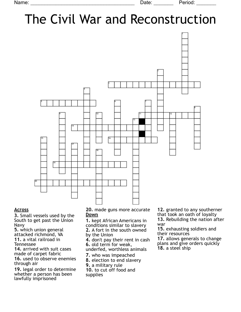 The Civil War and Reconstruction Crossword