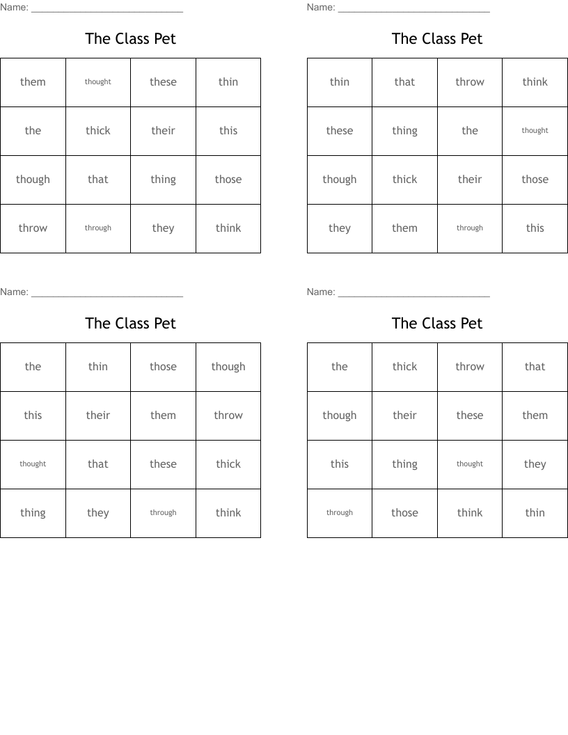 The Class Pet Bingo Cards