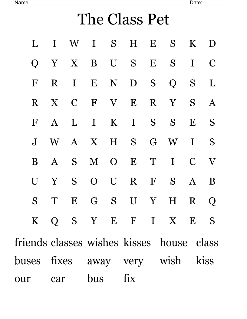 The Class Pet Word Search